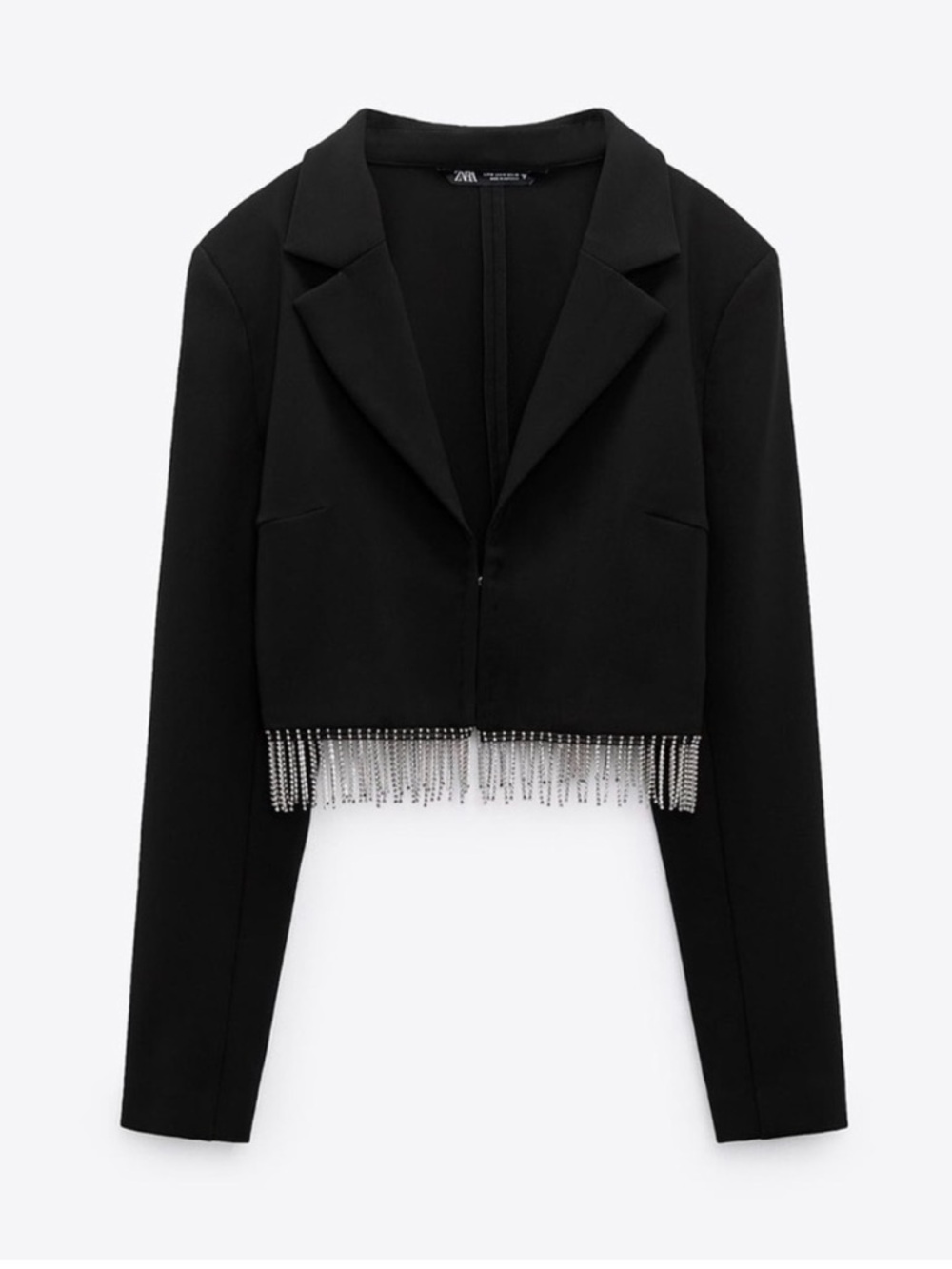 Zara Black Cropped Blazer with Rhinestone Fringe Hem